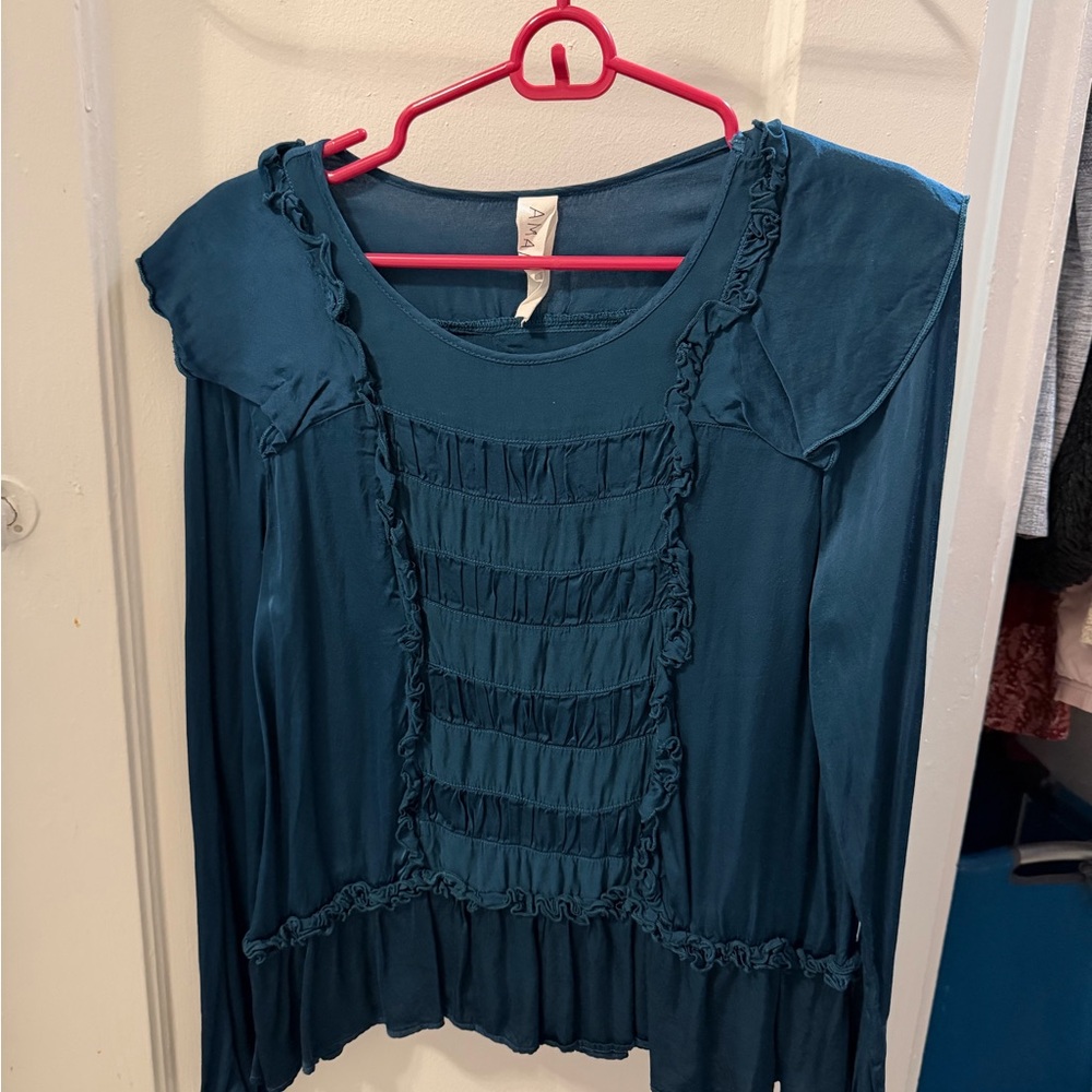 Anthropologie Teal Ruffled Women's Top